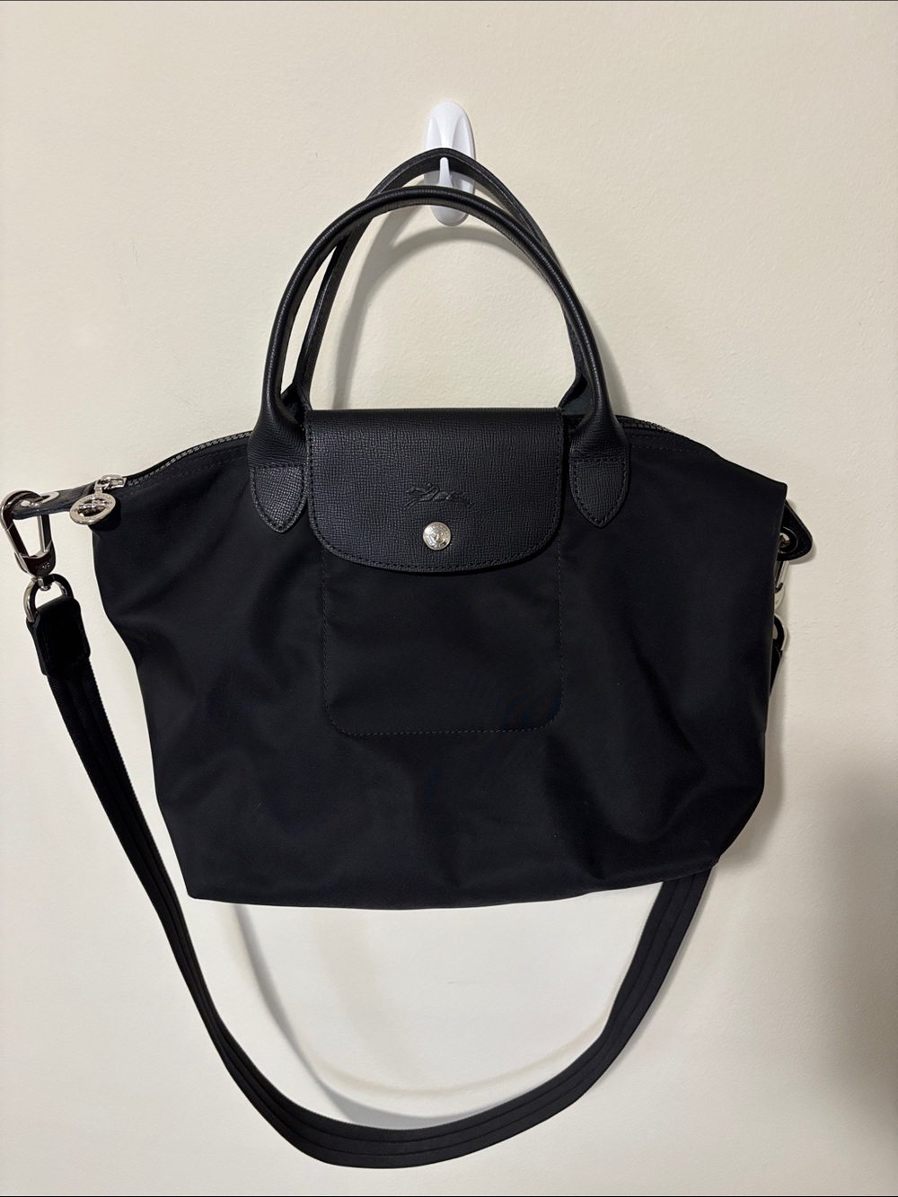 Longchamp Le Pliage Neo Black Nylon Shoulder Bag with Leather Trim